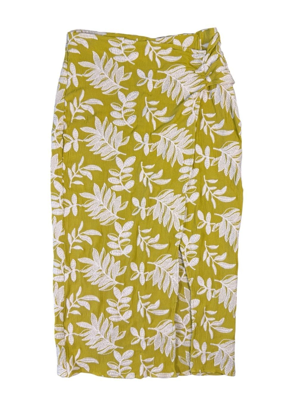 Zara Yellow Tropical Leaf Sarong Midi Skirt Faux Wrap Resort Size Small